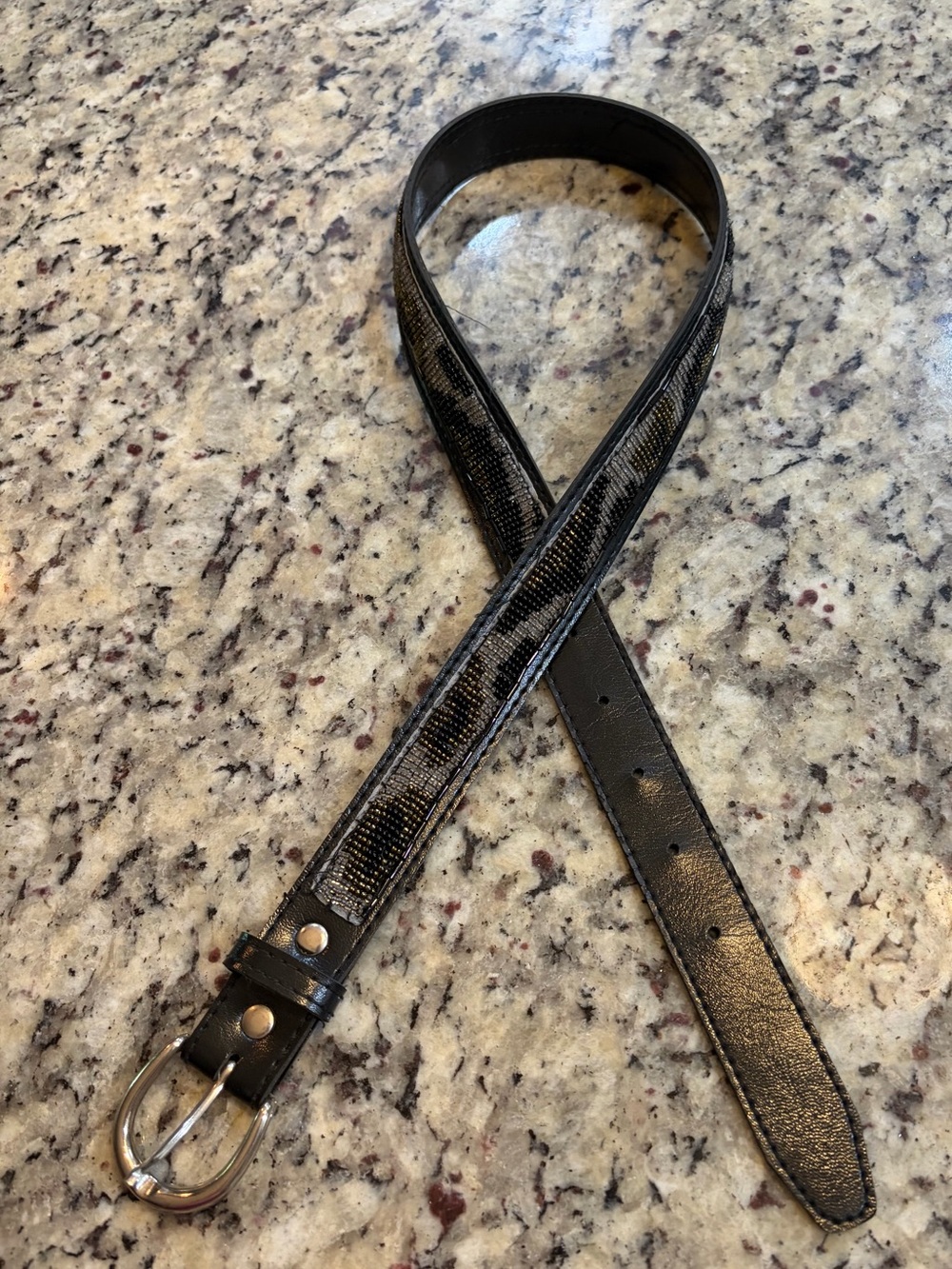 Vintage 80s A.Brod Beaded Animal Print Black Leather Belt w/ Silver Tone Buckle